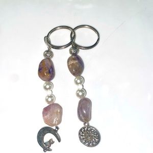 Handmade Celestial Amethyst & Pearl Keychains,Moon&Sun Charms,Witchy Cottagecore